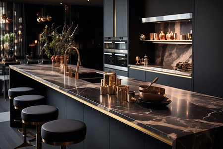 interior of modern kitchen with wooden furniture, 3d render illustrationの素材