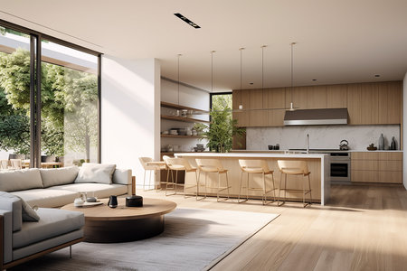 Interior of modern kitchen with white walls, wooden floor, white cupboards, beige sofa and wooden cupboards. 3d renderingの素材