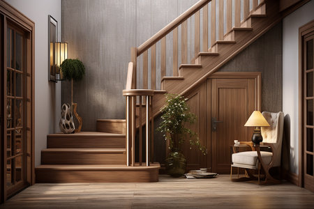 Interior of modern living room with wooden stairs. 3d renderの素材