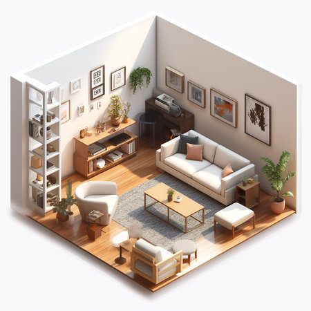 Interior of living room isometric view. 3D illustration.の素材