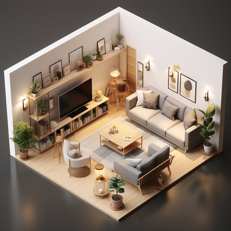 Interior of living room isometric view. 3D rendering.の素材