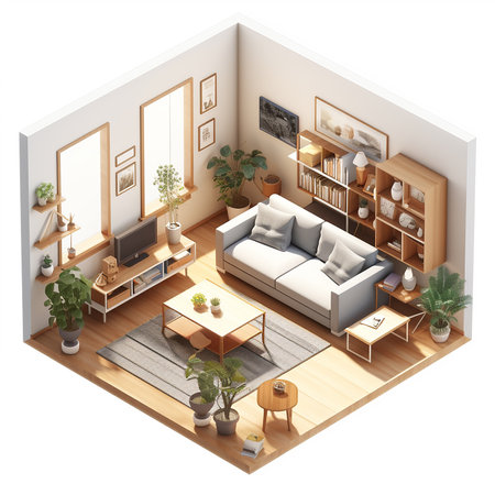 Interior of a living room isometric view. 3D renderingの素材