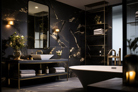 Luxury bathroom interior with black marble walls, tiled floor, comfortable bathtub and double sink. 3d renderingの素材