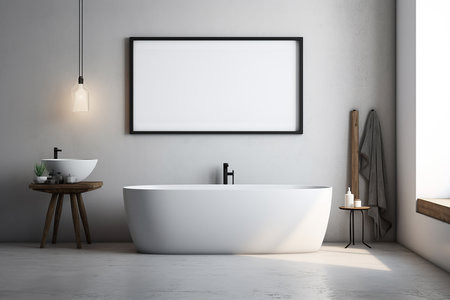 Interior of modern bathroom with white walls, concrete floor, comfortable white bathtub standing near round mirror and horizontal mock up poster frame. 3d renderingの素材