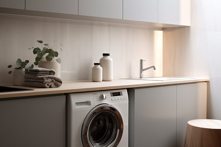 Laundry room interior with washing machine. 3d rendering.の素材