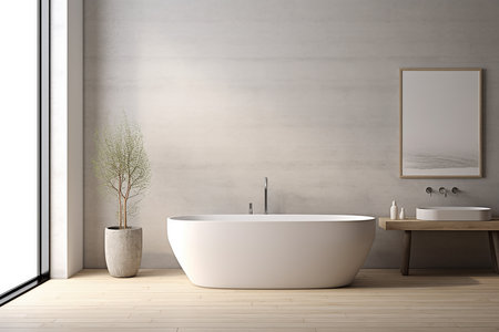 Interior of modern bathroom with white walls, wooden floor, comfortable white bathtub standing near the window and vertical mock up poster frame. 3d renderingの素材