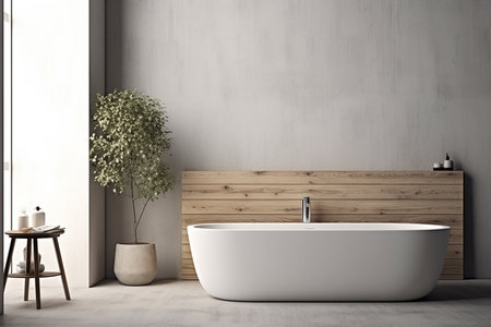 Interior of modern bathroom with wooden walls, concrete floor, comfortable white bathtub standing near wooden wall and plant. 3d renderingの素材