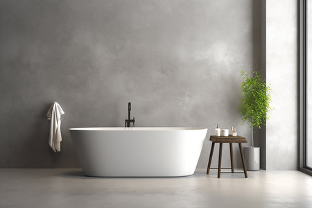 Interior of modern bathroom with concrete walls, concrete floor, comfortable white bathtub and wooden stool. 3d renderingの素材