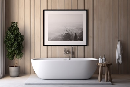 Interior of modern bathroom with wooden walls, concrete floor, white bathtub standing near window and plant. Mock up poster frame. 3d renderingの素材
