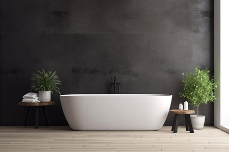 Interior of modern bathroom with black walls, wooden floor, comfortable white bathtub standing near the window and plants. 3d renderingの素材