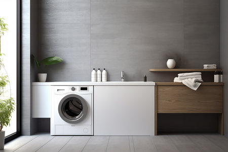 Laundry room interior with washing machine and towels. 3d renderの素材
