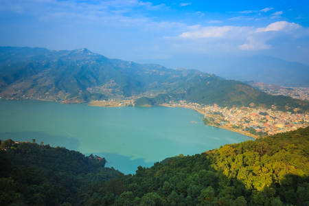 The beautiful city of Pokhara Nepal with phewa lake seen from the top of World Peace Stupa.の写真素材