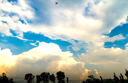 Beautiful scenery with Blue Sky,white clouds and trees seen from the Kritipur,Kathmandu,Nepal.の写真素材