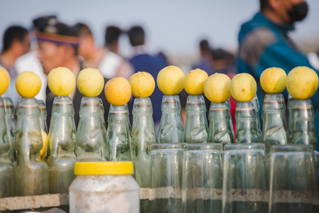Fresh lime soda,Lemonade on kept for sale in the street of Kathmandu Nepal.の写真素材