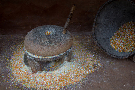Nepali Traditional Antique Grinding millstones, old fashioned lifestyle conceptの写真素材