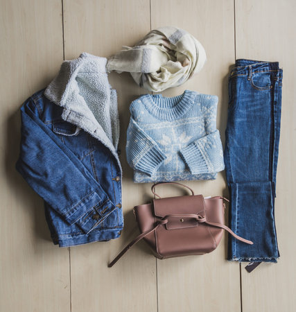 Set of Fashionable clothes,accessories collage for woman on wooden background