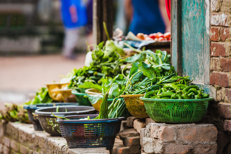 Green Vegetables kept for sale in the local street of Bhaktapur Nepal.の写真素材