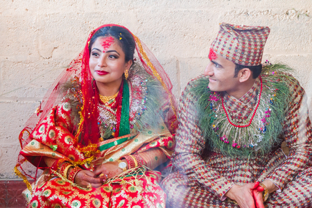 Kathmandu,Nepal - Dec 11,2017 : Beautiful Hindu bride and groom in a wedding.Hindu wedding couple.のeditorial素材