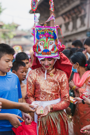 Kathmandu,Nepal - Aug 27,2018: People Celebrating Gaijatra Festival.Gai Jatra, (gÄi means cow and jÄtrÄ means festival in Nepali, is a festival celebrated in Nepal, mainly in Kathmandu valley by the Newar community.The festival commemorates the death oのeditorial素材