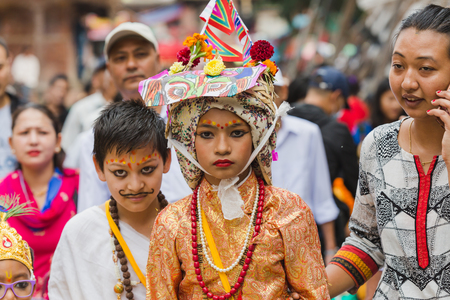 Kathmandu,Nepal - Aug 27,2018: People Celebrating Gaijatra Festival.Gai Jatra, (gÄi means cow and jÄtrÄ means festival in Nepali, is a festival celebrated in Nepal, mainly in Kathmandu valley by the Newar community.The festival commemorates the death oのeditorial素材