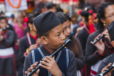 Kathmandu,Nepal - Aug 27,2018: People Celebrating Gaijatra Festival.Gai Jatra, (gÄi means cow and jÄtrÄ means festival in Nepali, is a festival celebrated in Nepal, mainly in Kathmandu valley by the Newar community.The festival commemorates the death oのeditorial素材