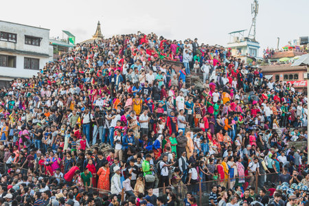 Kathmandu,Nepal - Sep 24,2018:Crowd of People at Indra Jatra Festival in Kathmandu. Indra Jatra is...