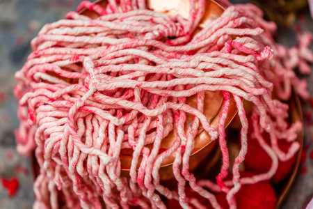 Assorted Sacred colorful thread during Janai Purnima festival or Rakchhya Bandhan at Pashupatinath...