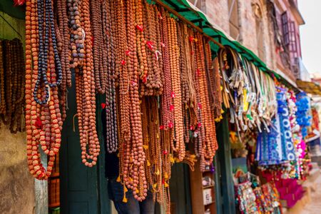Rudraksha Mala prayer beads Shop in Kathmandu Nepal.Hanging Rudraksha beads in the market.Selective Focusの写真素材