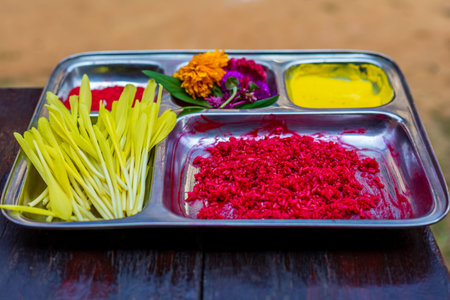 Tika and Jamara Special plate prepared for Bijaya Dashami Dashain Festival for receiving Tika. Hindu...