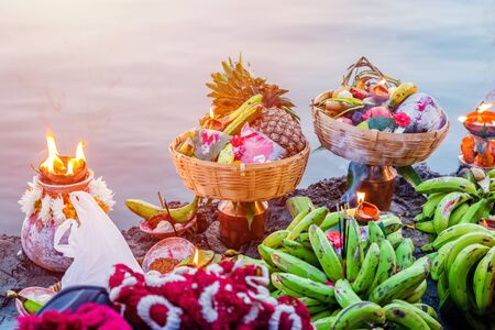 Closeup of various objects with Fruits and Vegetables offered to god at a religious Festival Chhath Puja,Offerings to god during Chath Puja,Hindu Festivalの写真素材