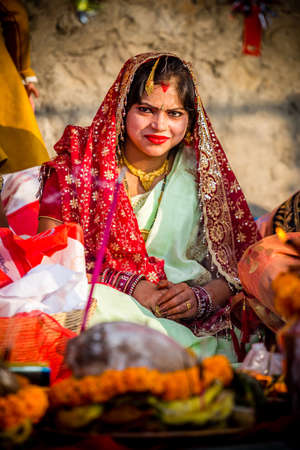 kathmandu,Nepal - November 1,2019: Nepali Hindu Woman with traditional dress up during Chhath Puja Festival Celebration in Kathmandu.のeditorial素材