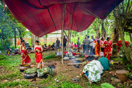 Gorkha,Nepal - June 26,2019: Nepali Villagers having wedding party together in rural village of...