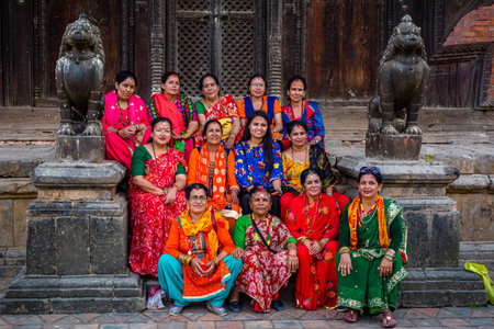 Kathmandu,Nepal - August 2,2019: Group of Nepali Hindu Women posing for photograph in the Temple of Kathmandu.のeditorial素材