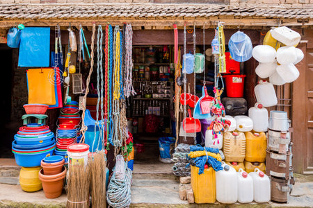 Kathmandu,Nepal - August 2,2019: Consumer goods for sale at the shop in Kathmandu.Plastic pots...
