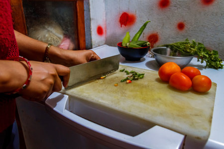 Woman hands chopping vegetables over deep freezer in the domestic kitchen room.