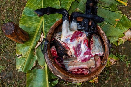 Fresh Raw Mutton Pieces on a Copper Pot.Mutton Meat Filletの写真素材