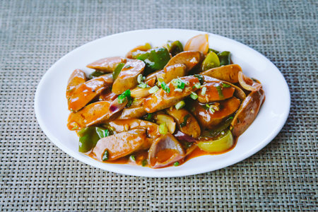 Spicy Chilli Sausage recipe served on a plate. Asian food Asian Cuisineの写真素材