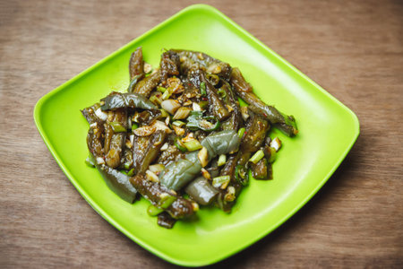 Hot and spicy stew eggplant in Korean style with green onion served on the plate. Baingan Recipeの写真素材