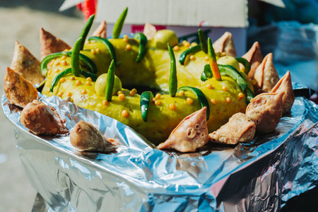 Samosas, a traditional fried food in Nepal and India. These samosas are for sale in the street of Kathmandu.の写真素材