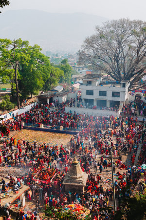 Matatirtha, Kathmandu - April 20, 2023 :People Celebrating Mata Tirtha Aunsi, the Nepali Motherâs Day festival at Matatirtha Temple, Chandragiri. People believe that coming to this place and worshiping on this day brings peace to the departed soul of thのeditorial素材
