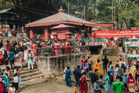 kATHMANDU, NEPAL - April 14, 2023: Crowd of hindu devotees at Dakshinkali Temple near kathmandu on the occasion of Nepalese New Year 2080.のeditorial素材