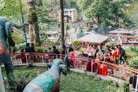 kATHMANDU, NEPAL - April 14, 2023: Hindu devotees taking pictures at Dakshinkali Temple near kathmandu on the occasion of Nepalese New Year 2080.のeditorial素材