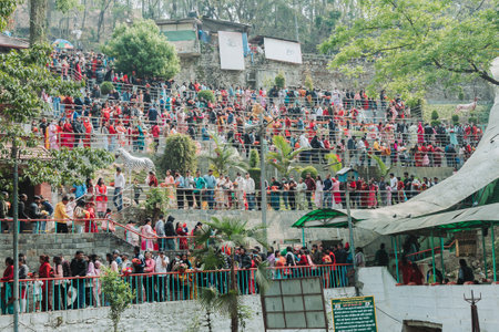 kATHMANDU, NEPAL - April 14, 2023: Crowd of hindu devotees at Dakshinkali Temple near kathmandu on the occasion of Nepalese New Year 2080.のeditorial素材