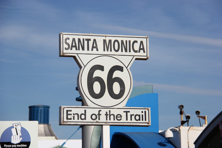 The Historic Route 66 Sign commemorates the end point of the route at Santa Monica Pier in Santa Monica, California.のeditorial素材