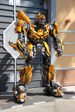 The Impersonator of Transformers movie is welcoming tourists in front of the Transformers Ride at Universal Studios Hollywood.のeditorial素材