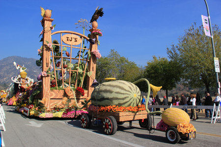 Pasadena, California, USA - January 3, 2015: Beautiful floats are displayed in the post-parade, a...