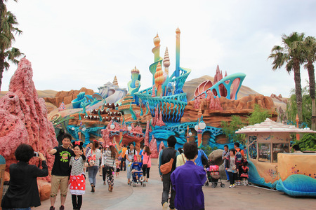 Tokyo, Japan - May 29, 2013: Scenery of Mermaid Lagoon, made to look like the Palace of King Triton and featured fanciful seashell-inspired architecture, provides rides towards younger children at Tokyo DisneySea.のeditorial素材