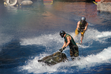 Los Angeles, California, USA - March 12, 2015: Water Stunt Show called Waterworld: A Live Sea War Spectacular at Universal Studios Hollywoodのeditorial素材