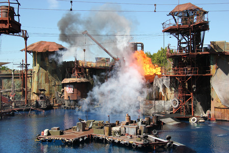 Los Angeles, California, USA - March 12, 2015: Water Stunt Show called Waterworld: A Live Sea War Spectacular at Universal Studios Hollywoodのeditorial素材