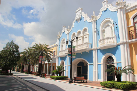 Macau - May 31, 2013: Beautiful Portuguese Style Buildings at Macau Fisherman\'s Wharf, the first...